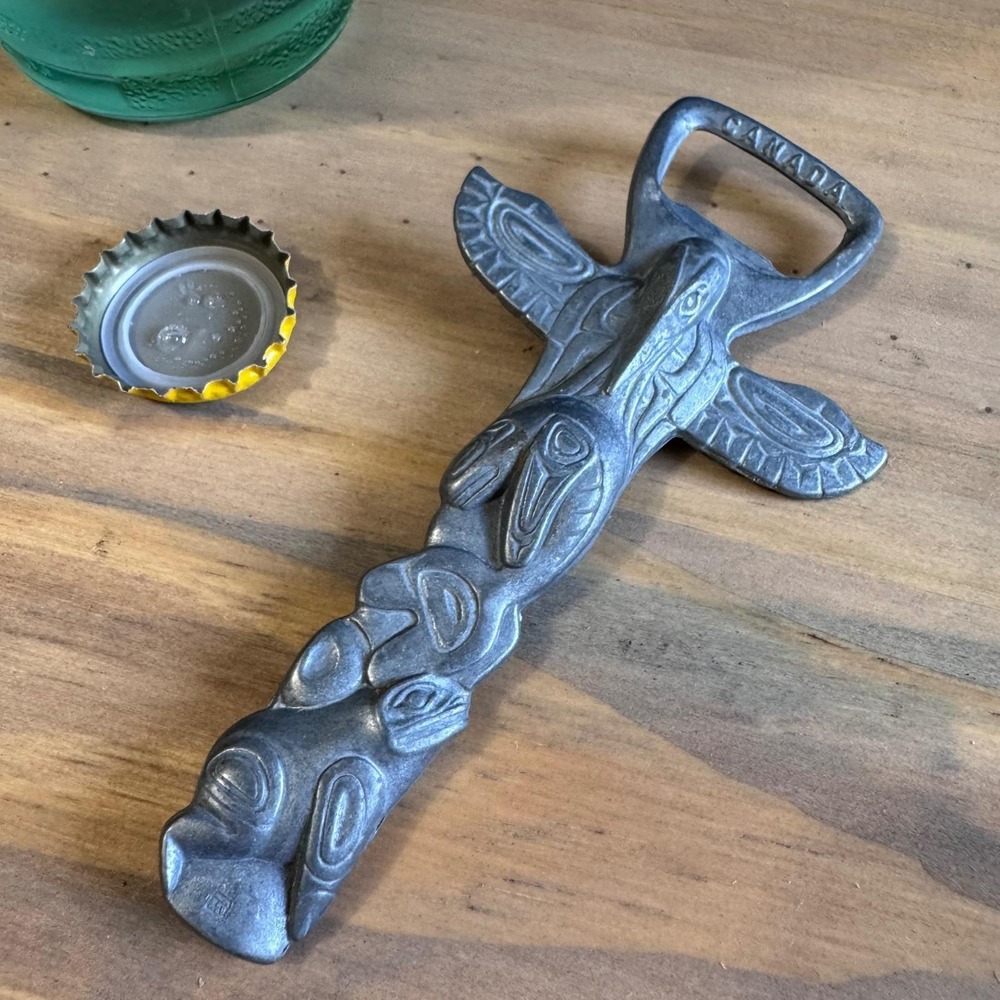 Vintage Boma Canada Totem Pole Bottle Opener - Pewter Metal Souvenir 4.75"